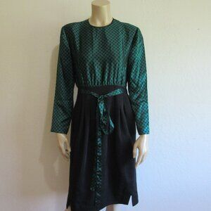 Mr. Beene Green & Black Silk and Wool M Career Evening Belted Back Zip Dress